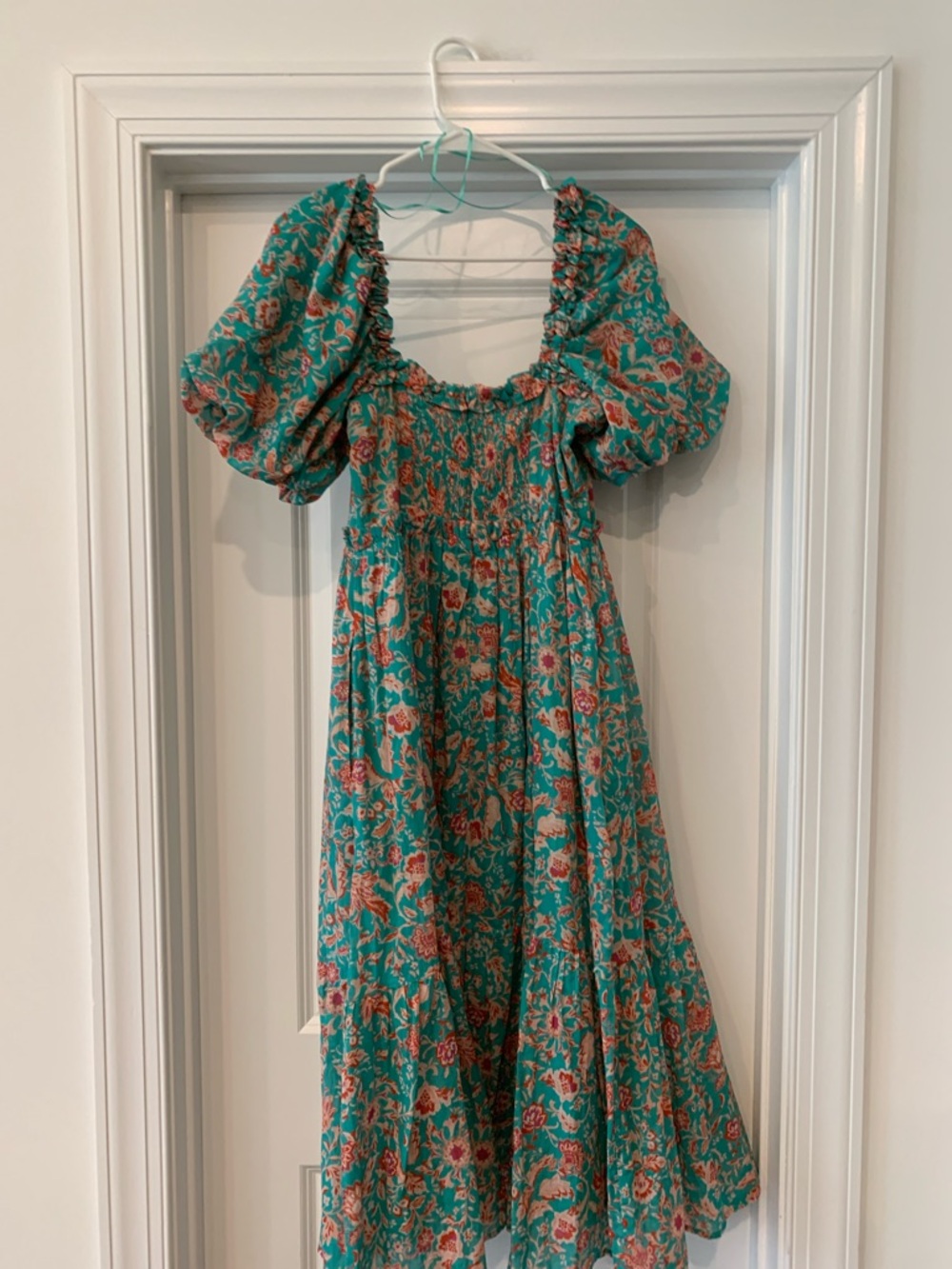 Fate Teal Floral Puff-Sleeve Midi  S Dress 100 percent cotton NWOT - Picture 10 of 13